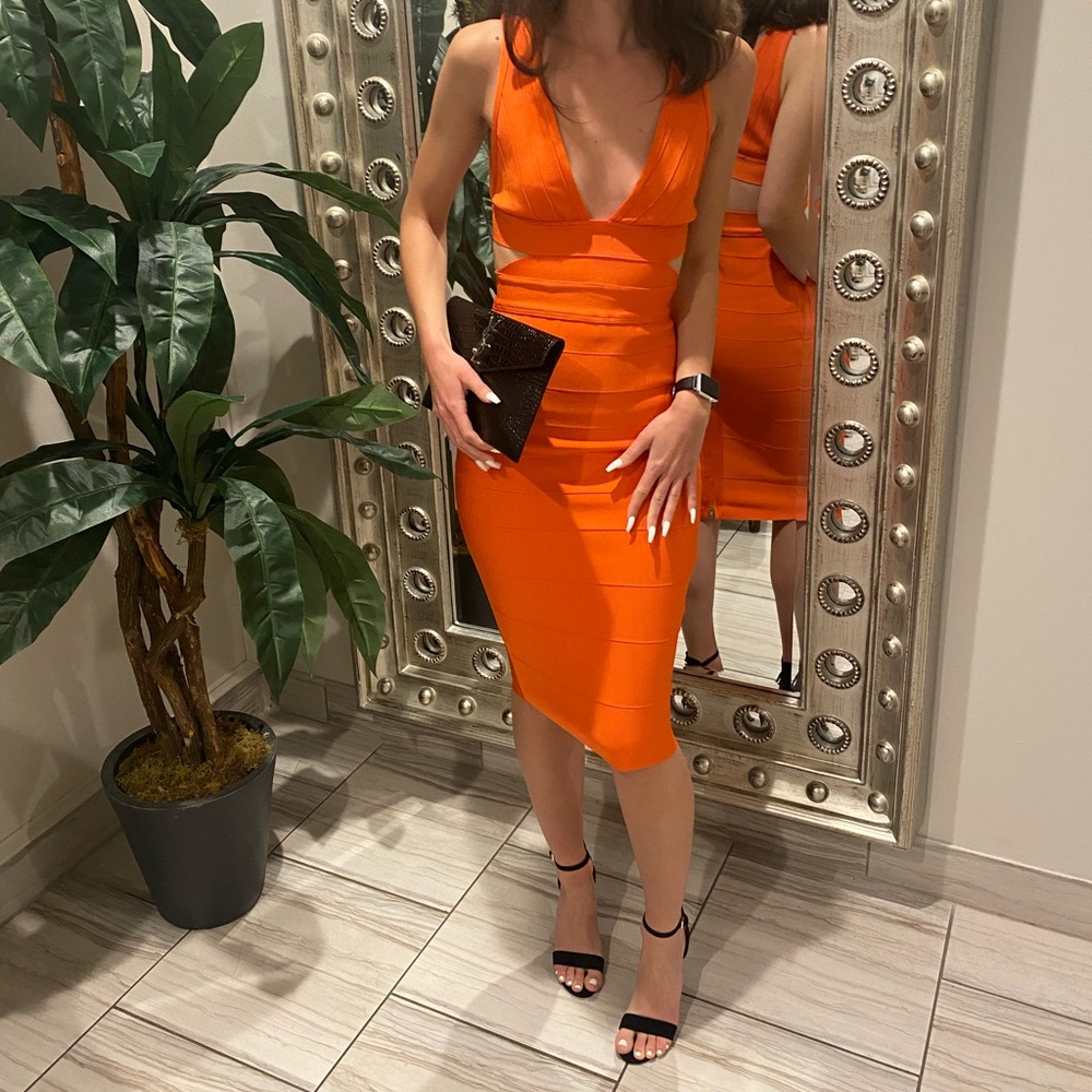 strapless open back dress Herve Leger Resort 2010 Orange Bandage Dress – Soeng Signature main image 1